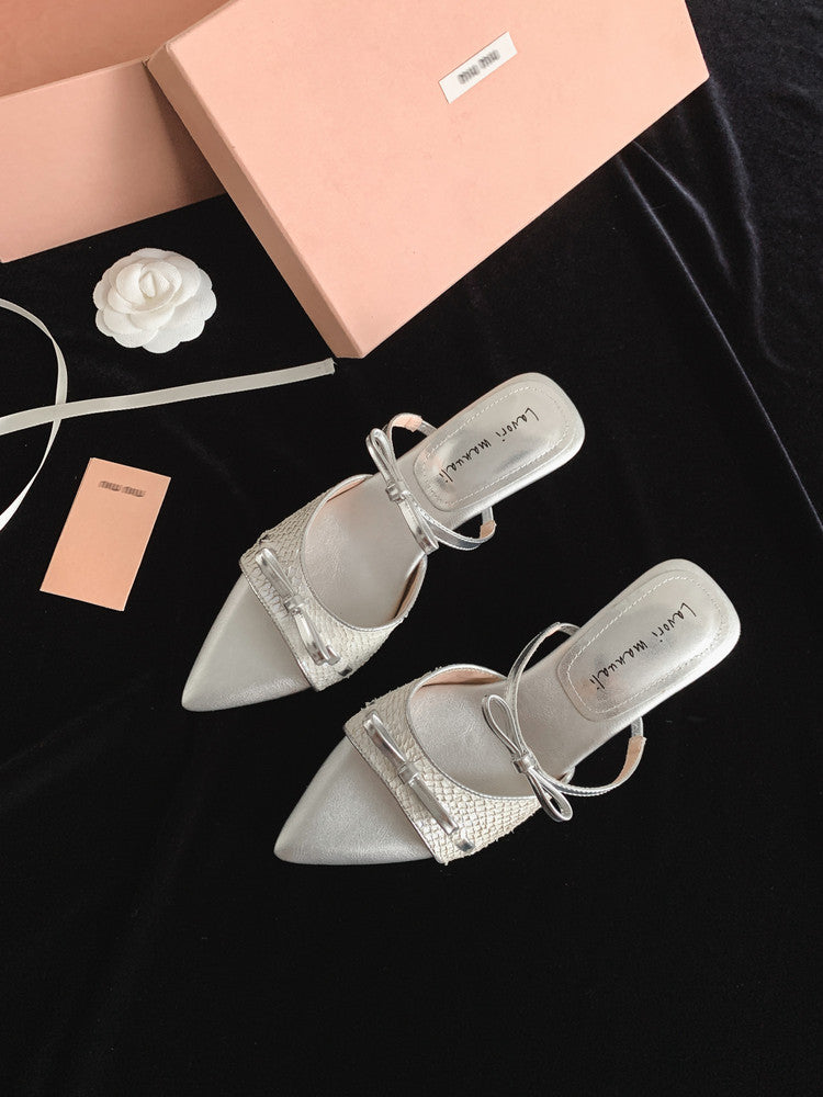 Karin Luna Fish Skin Series~Pointed Toe Irregular Heel Bowknot Strap Slippers
