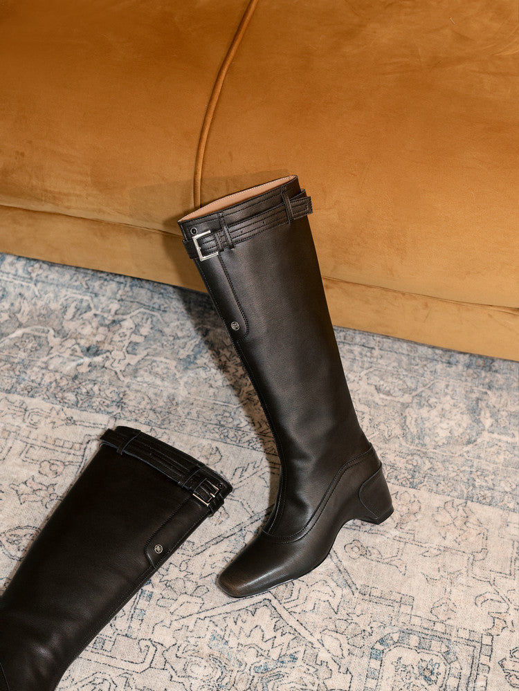 Karin Luna Belt Buckle Elegant Chunky Heel Suede Western Boots
