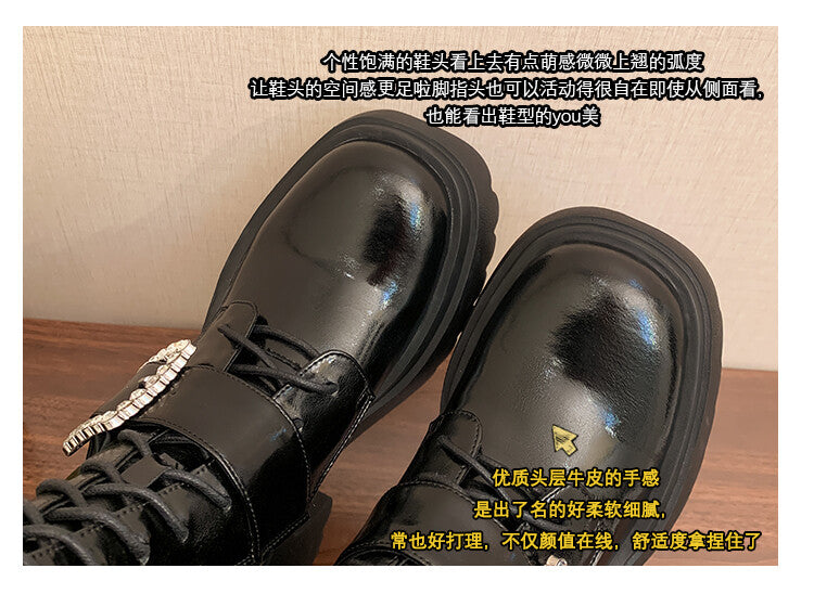 Karin Luna In Stock Spot Goods Bestselling Extended Version Rhinestone Square Buckle Thick Sole Lace-up Thick Sole Full Cowhide Knight Boots