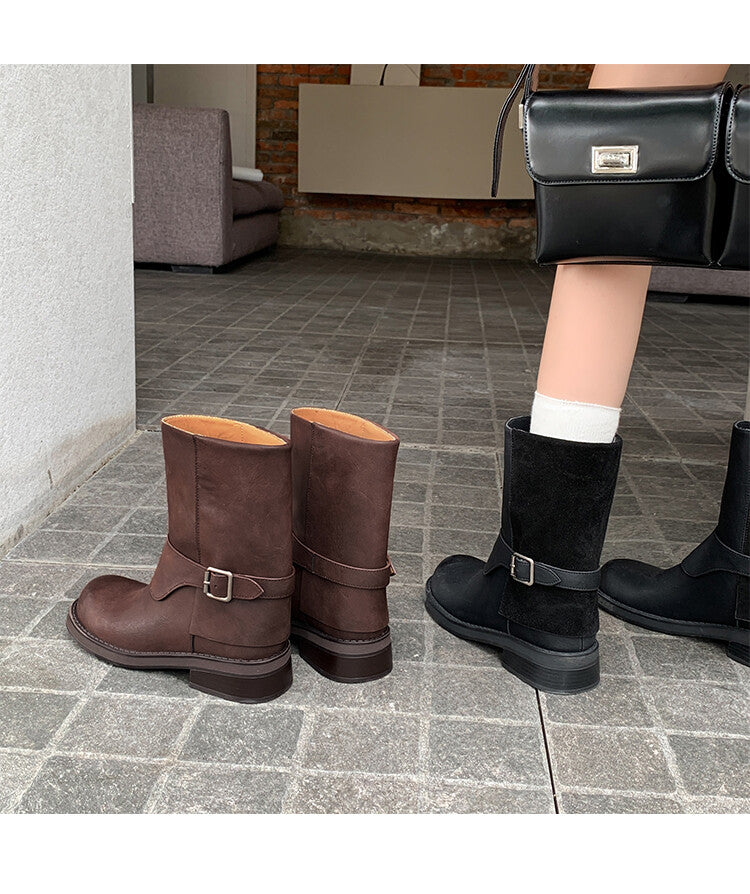 Karin Luna Belt Buckle Chunky Heel Fashion Short Boots