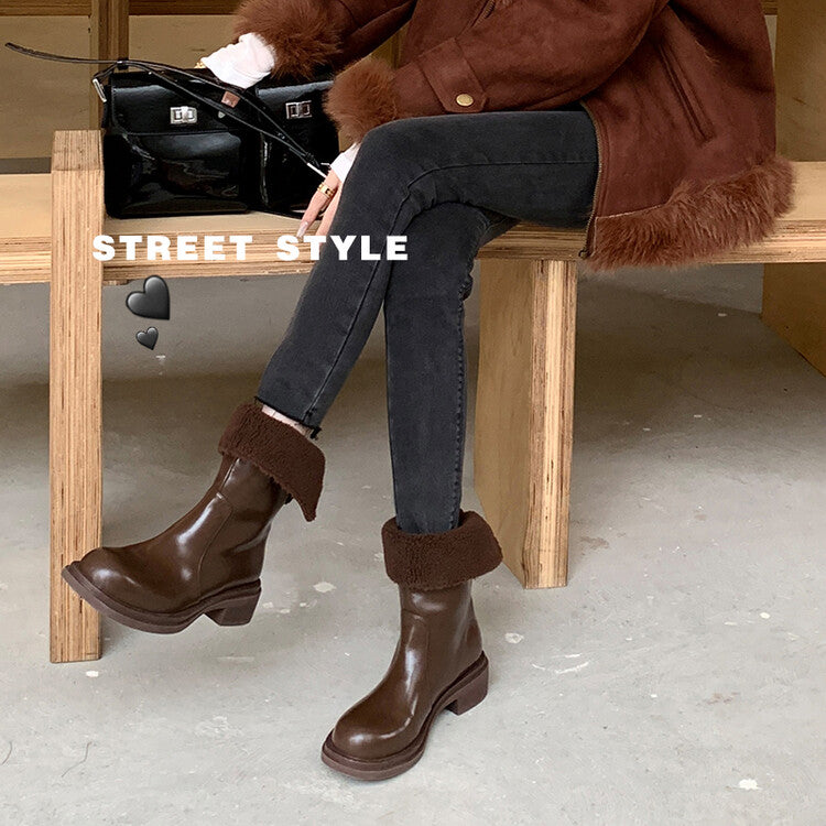 Karin Luna Classic Basic Style   Convertible Foldable Hidden Buckle Snow Fur Shoes Full cowhide Basic Flat Short Boots