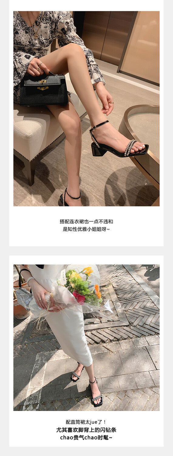 Karin Luna Classic Style   Rhinestone Strap Chunky Heel Open-Toe Sandals