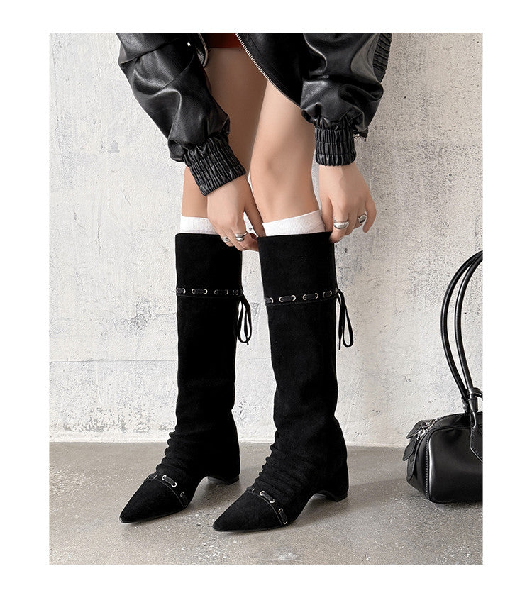 Karin Luna Elegant Style  Pointed Toe Pleated Hidden Wedge Western Boots