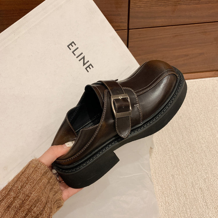Karin Luna In Stock Spot Goods Metal Round Toe Cow Leather Thick Sole Flats