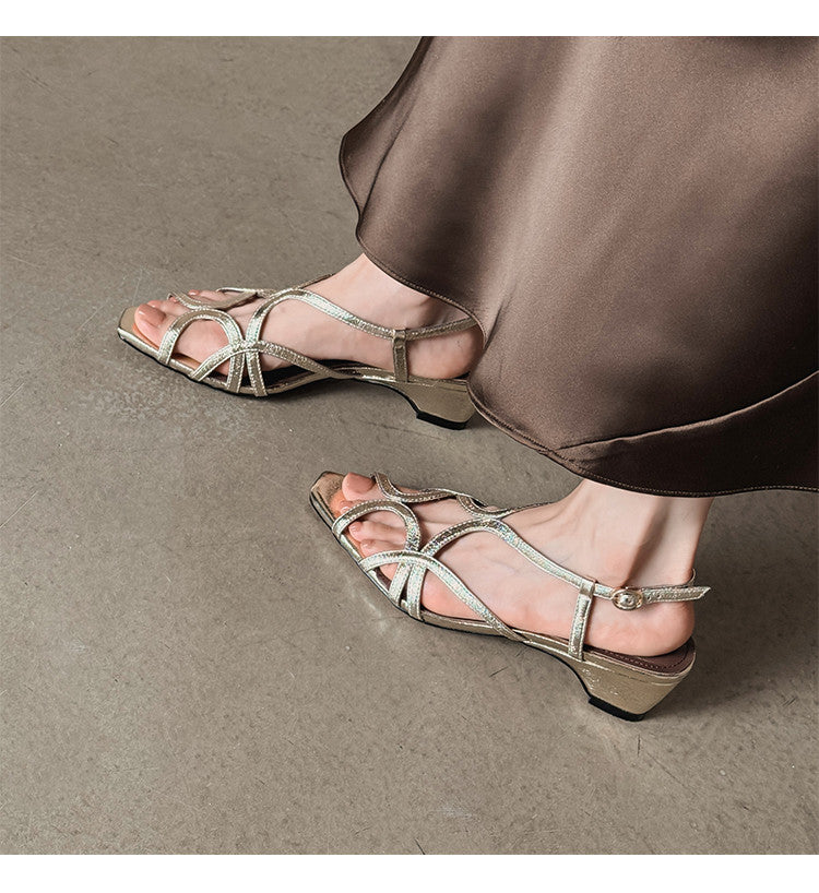 Karin Luna French Hollow Style Small Square Toe Chunky Heel Sandals