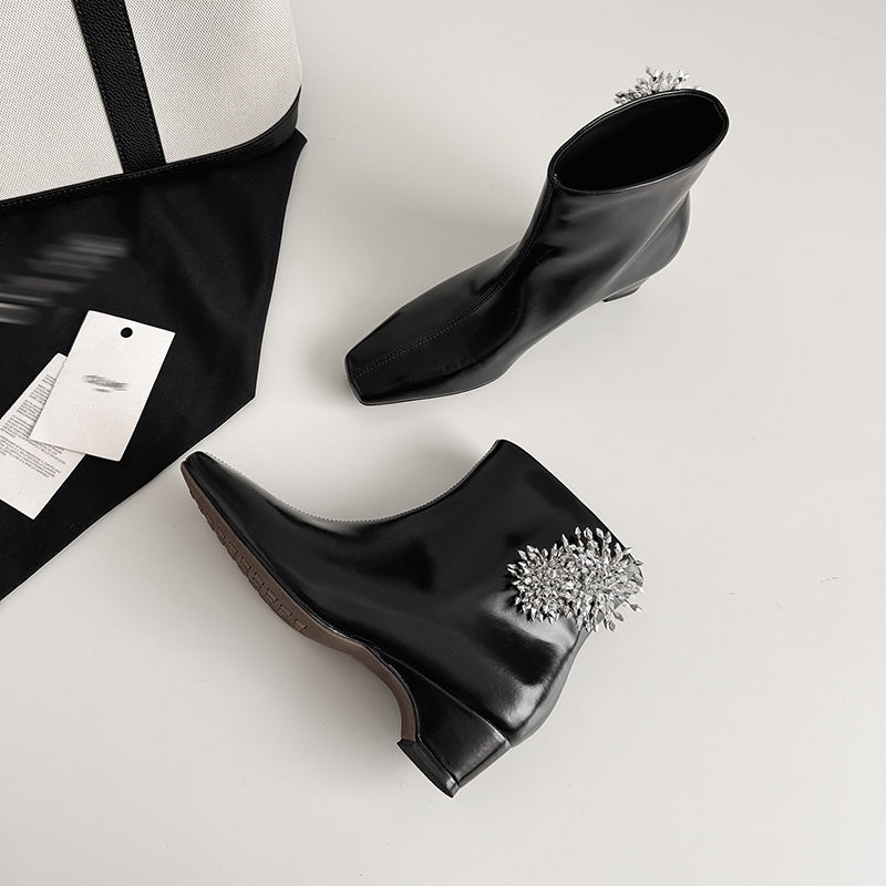 Karin Luna Elegant Style Square Toe Flower Design Height Increasing Short Boots with Two Front and Back Options