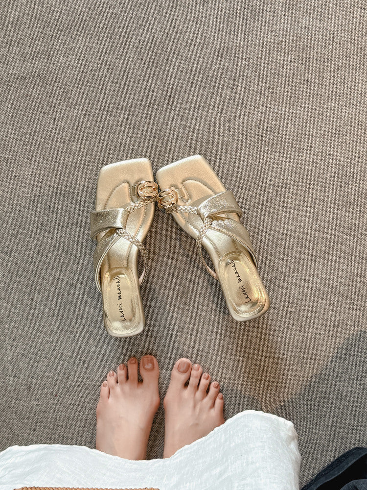Karin Luna Braided Style ~Cross Strap Square Toe Irregular Heel Slippers