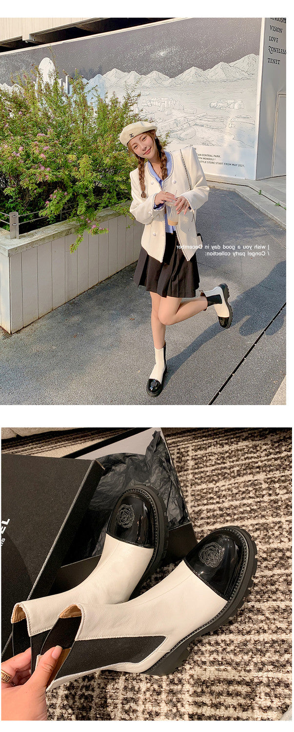 Karin Luna In Stock Spot Goods  Classic Embroidered Camellia Round Toe Thick Sole Chelsea Boots