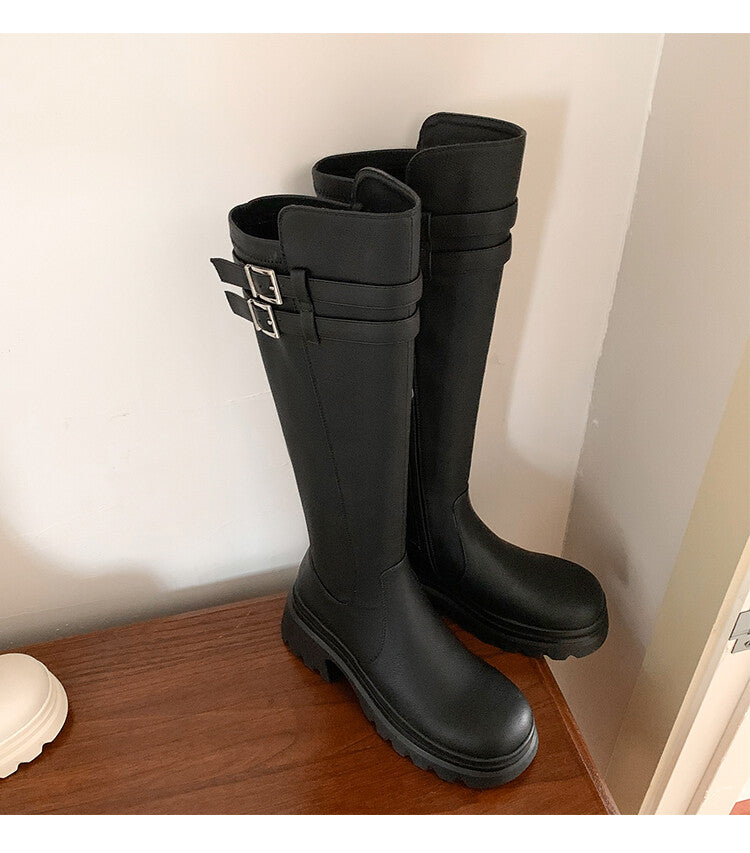 Karin Luna In Stock Best-selling in stock   Super Soft Sheepskin  Round Toe Thick Sole Vintage Belt Buckle Long Boots