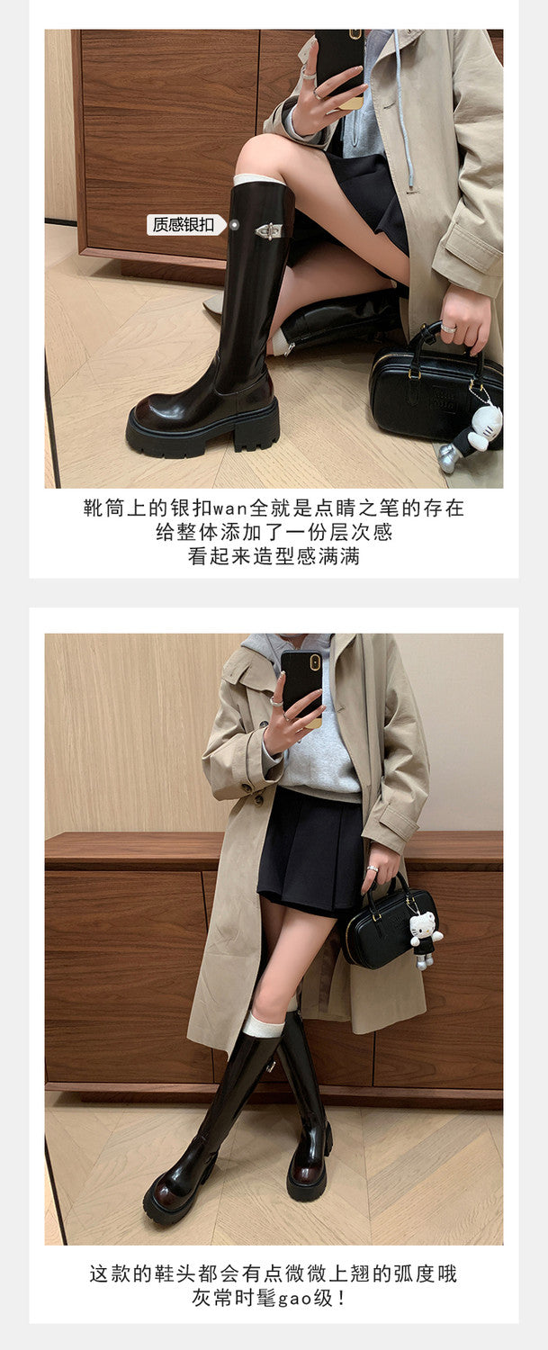 Karin Luna In Stock In Stock  Round Toe Thick Sole Belt Buckle Side Zipper Knight Boots