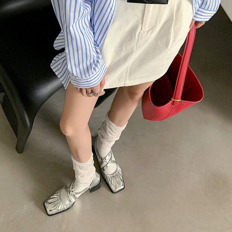 Karin Luna In Stock Spot Goods First Layer Sheepskin Cross Strap Rivet Square Toe Mary Jane Sandals