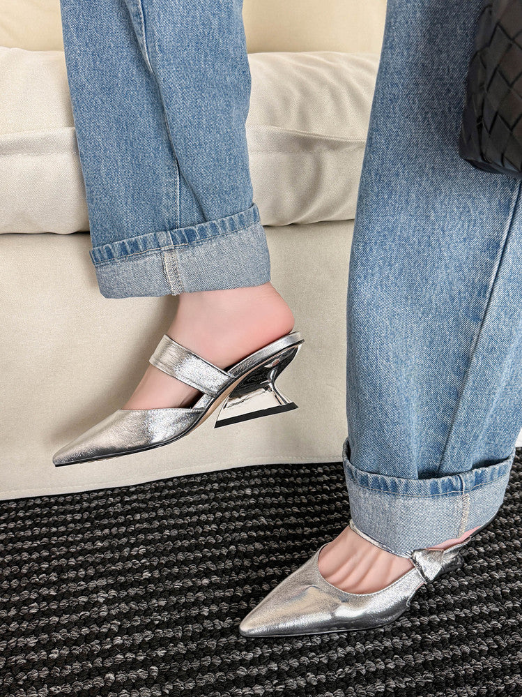 Karin Luna In Stock Spot Goods  Pointed Toe Irregular Heel Elegant Retro Strap Slippers