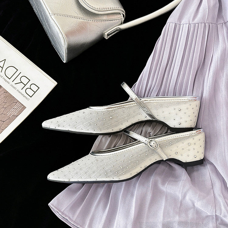 Karin Luna In Stock Spot Goods  Breathable Mesh Fabric Embellished Hand Drill Pointed Toe Slippers