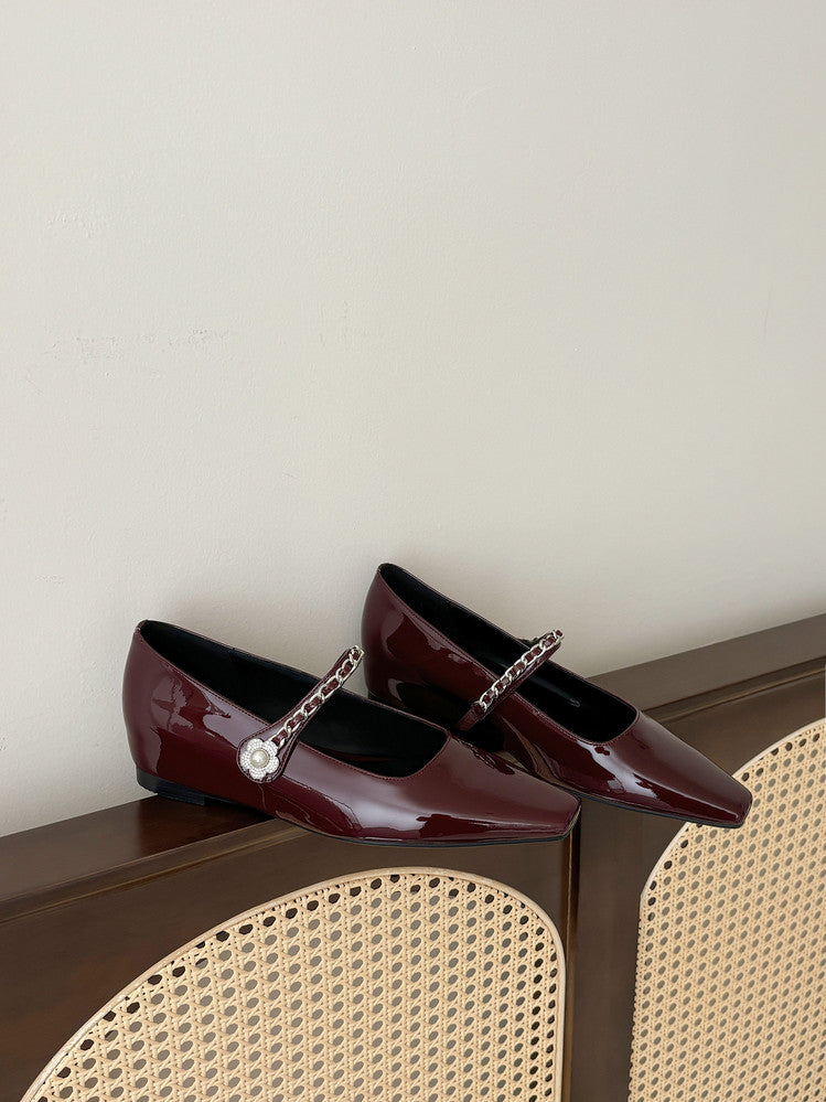 Karin Luna In Stock In Stock ~Metal One-Strap Pearl Small Square Toe Height-Increasing Flats