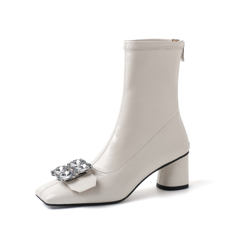 Karin Luna In Stock  Elegant Style Square Toe Rhinestone Chunky Heel Ankle Boots