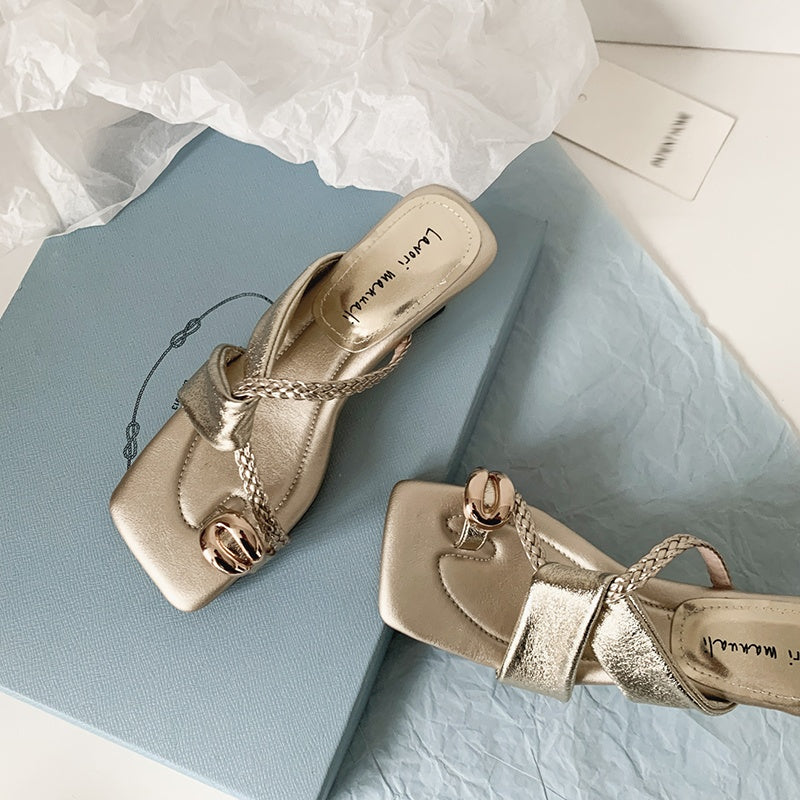 Karin Luna Braided Style ~Cross Strap Square Toe Irregular Heel Slippers