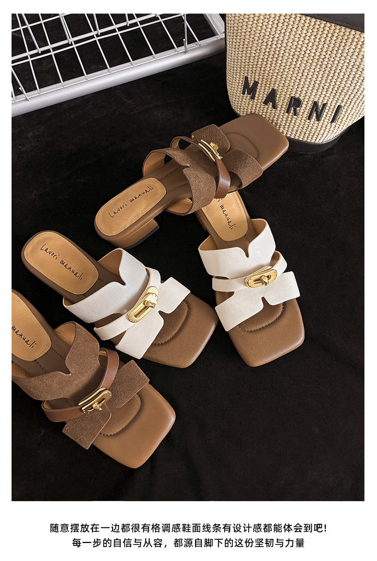 Karin Luna Comfortable Gold Buckle Square Toe Chunky Heel Casual Style Slippers