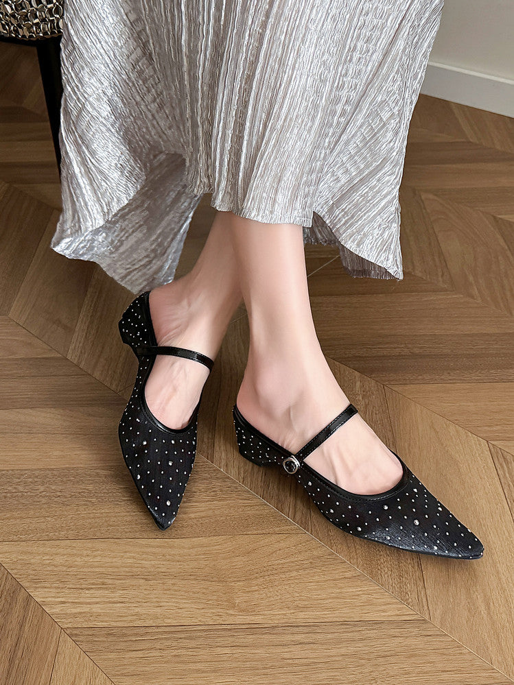Karin Luna In Stock Spot Goods  Breathable Mesh Fabric Embellished Hand Drill Pointed Toe Slippers