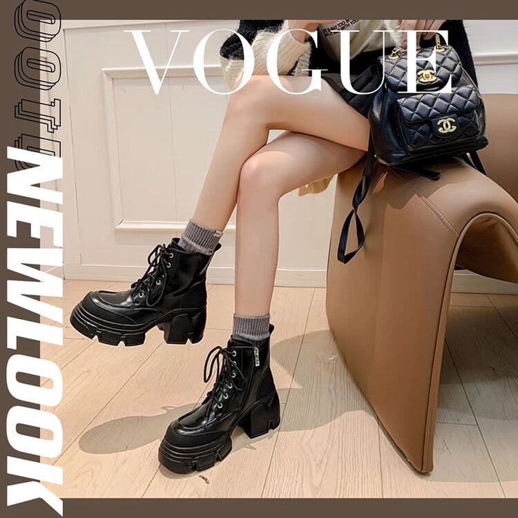 Karin Luna Casual Thick Sole Full Cowhide Lace-up Thick-soled Short Boots   Classic All-Matching