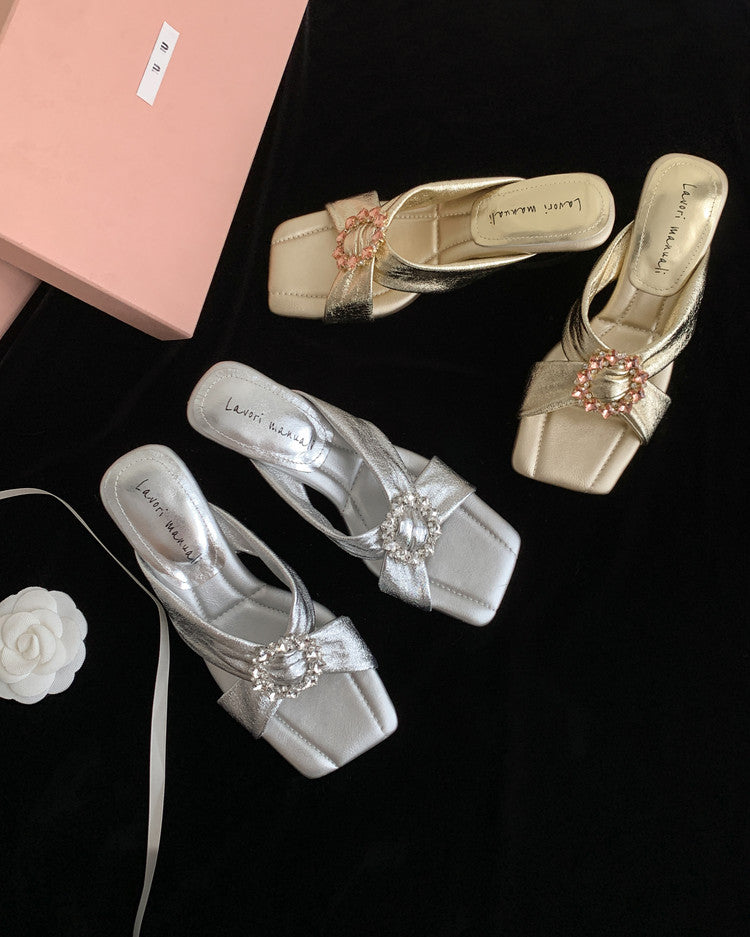 Karin Luna In Stock In Stock Elegant Square-Toe Cross-Strap Rhinestone Square-Toe Slippers