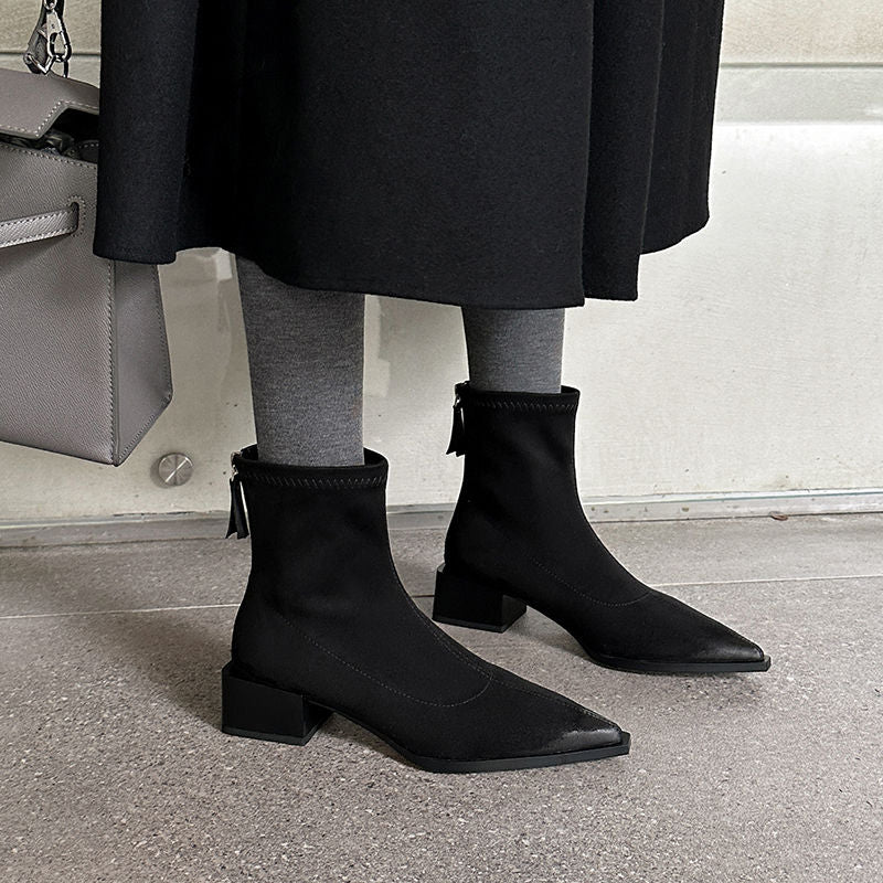 Karin Luna In Stock In Stock Elastic Slim Pointed Toe Chunky Heel Basic Ankle Boots