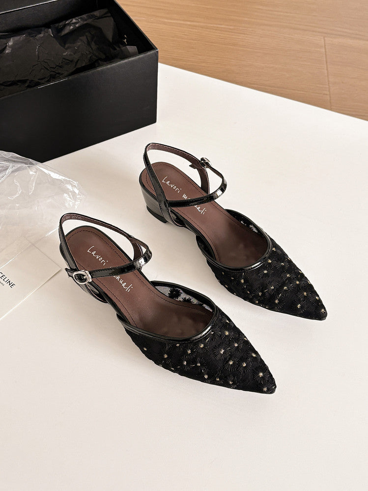 Karin Luna In Stock Spot Goods Embroidered Daisy Sheepskin Mesh Elegant Closed-Toe Slippers