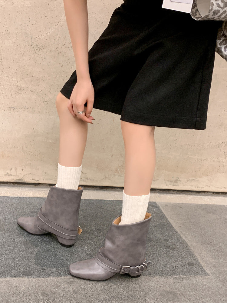 Karin Luna Data Hot Item Square Toe Hidden Wedge Belt Buckle Suede Ankle Boots