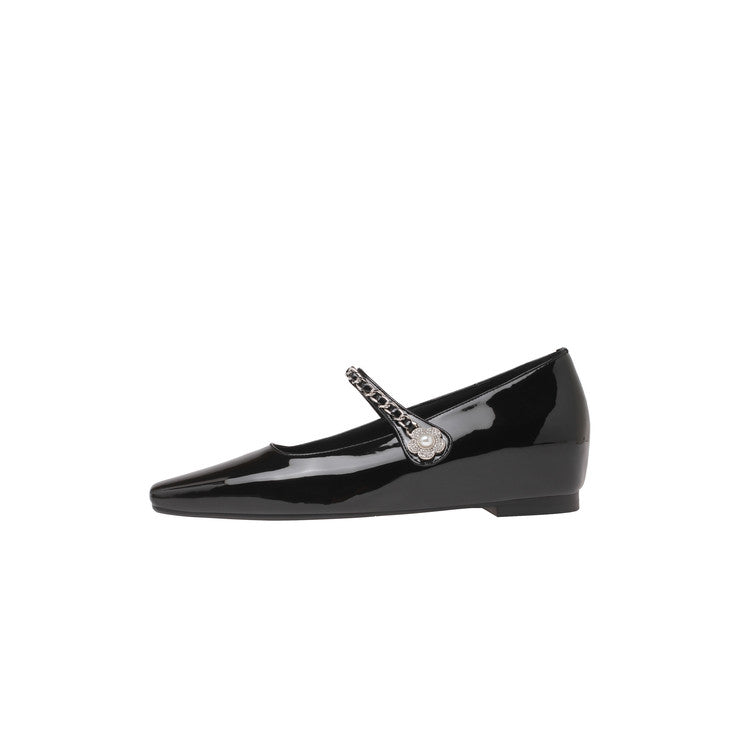Karin Luna In Stock In Stock ~Metal One-Strap Pearl Small Square Toe Height-Increasing Flats