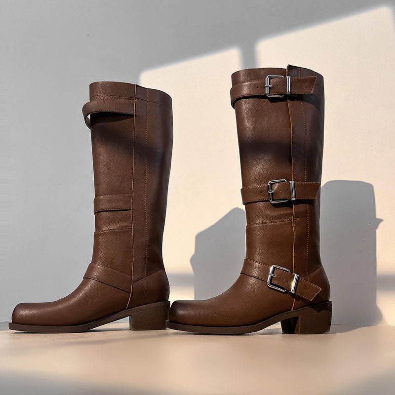Karin Luna In Stock In Stock European and American Style Square Toe Thick Sole Belt Buckle Long Boots
