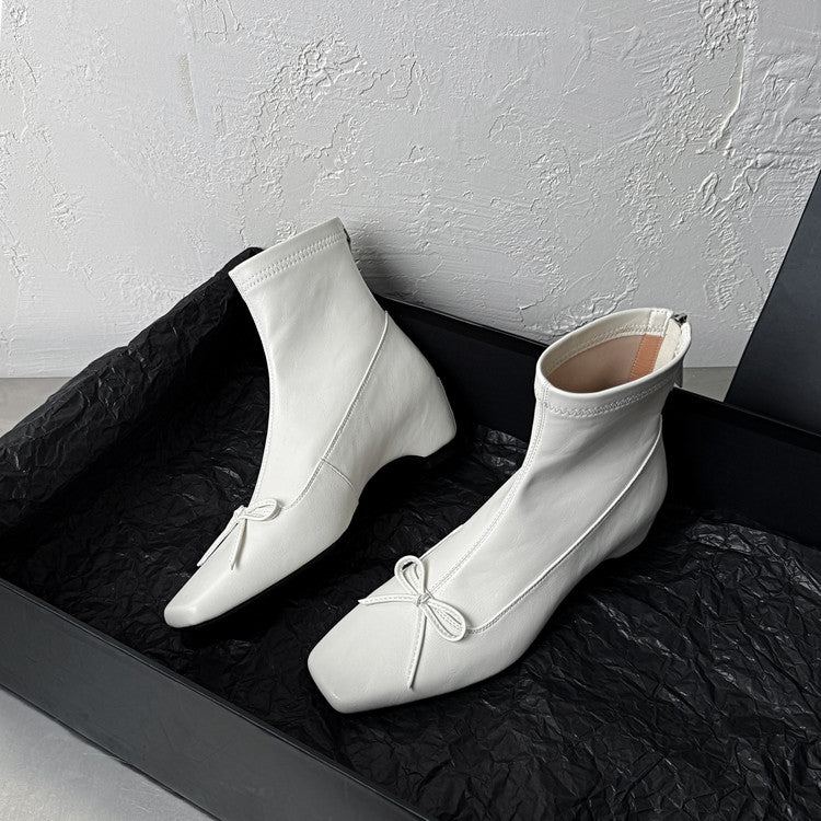 Karin Luna French Style Square Toe Bowknot Hidden Wedge Slim Boots