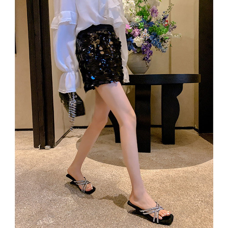 Karin Luna In Stock Spot Goods  Rhinestone Cross Strap Square Toe High Heel Slippers