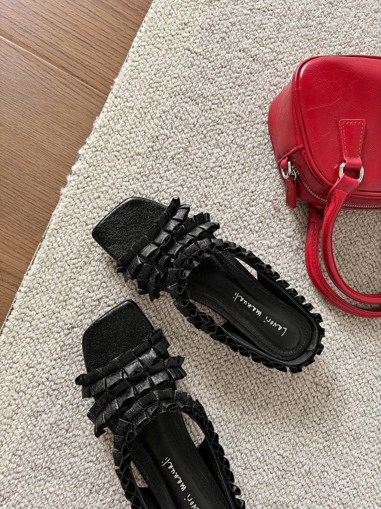 Karin Luna In Stock   Spot Goods  Niche Design Square-Toed Pleated Flat Slippers