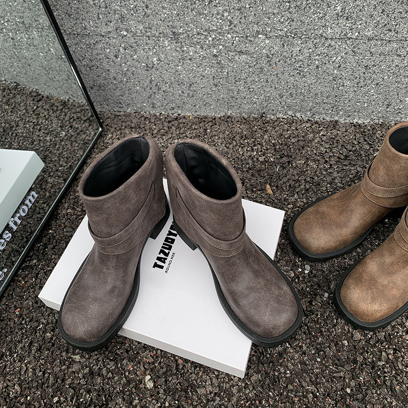 Karin Luna In Stock Spot Goods Versatile Basic Round Toe Belt Buckle Thick Sole Tube Boots