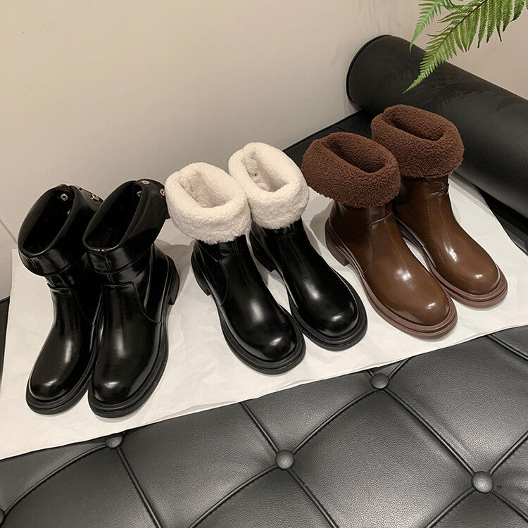 Karin Luna Classic Basic Style   Convertible Foldable Hidden Buckle Snow Fur Shoes Full cowhide Basic Flat Short Boots