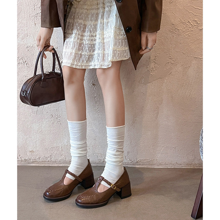 Karin Luna In Stock Spot Goods Vintage Braided Twist High Heels T Round Toe Thick Sole Single Shoes
