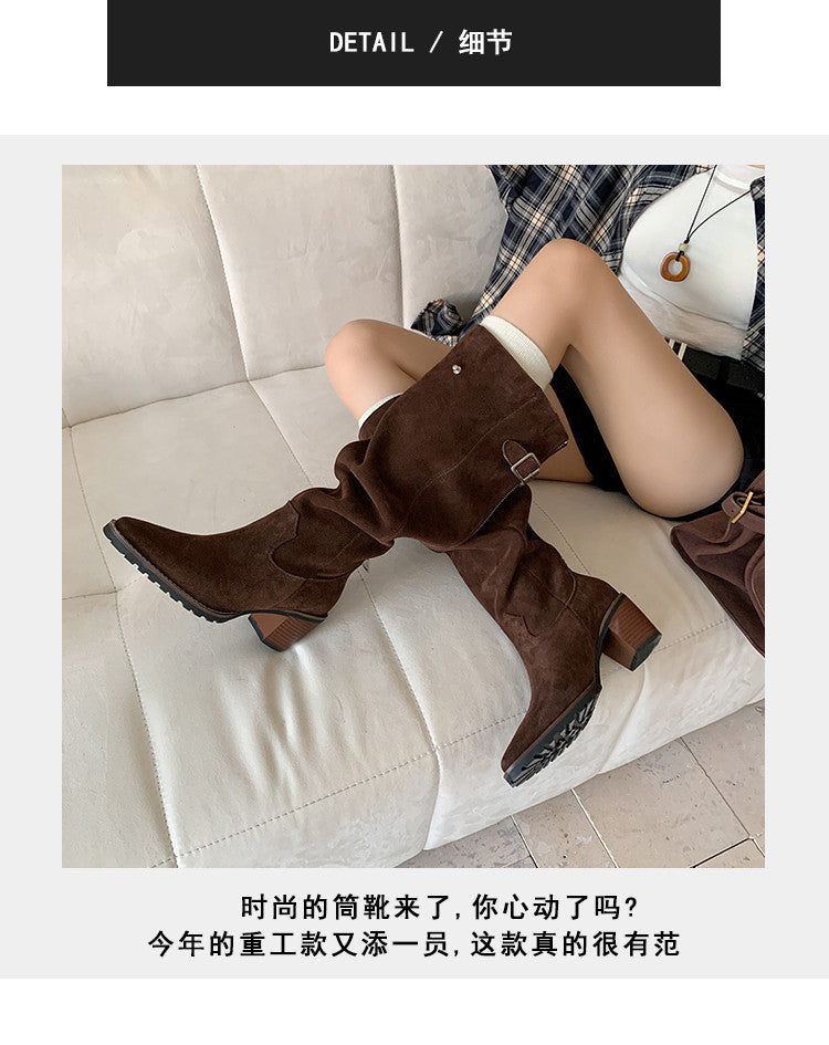 Karin Luna In Stock Spot Goods Retro Cowhide Leather Chunky Heel Suede Long Boots