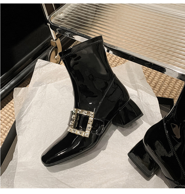 Karin Luna Elegant Style Ultra Slimming Rhinestone Chunky Heel British Style Riding Boots Long Boots