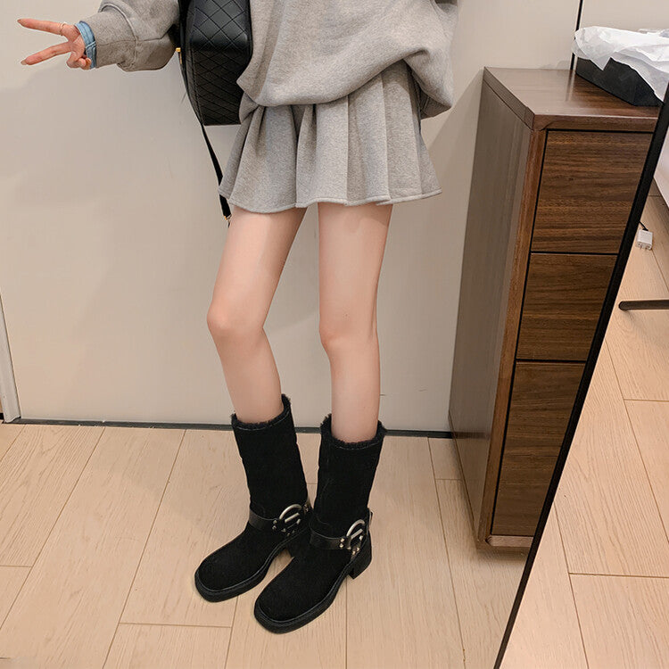 Karin Luna Genuine Lamb Wool and Cowhide Leather Hot-selling Metal Buckle Round Toe Chunky Heel Main Push Main Push