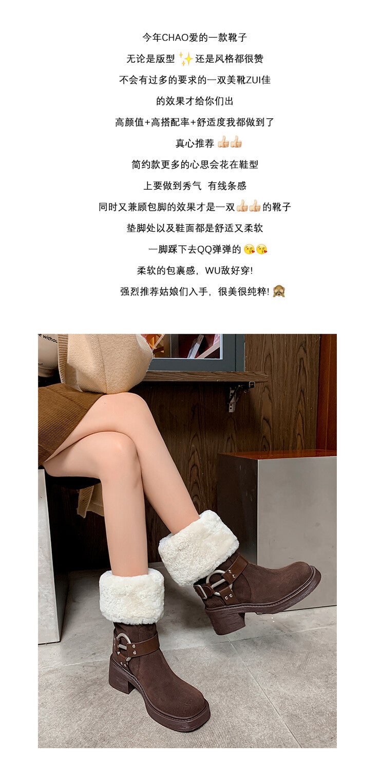 Karin Luna Genuine Lamb Wool and Cowhide Leather Hot-selling Metal Buckle Round Toe Chunky Heel Main Push Main Push