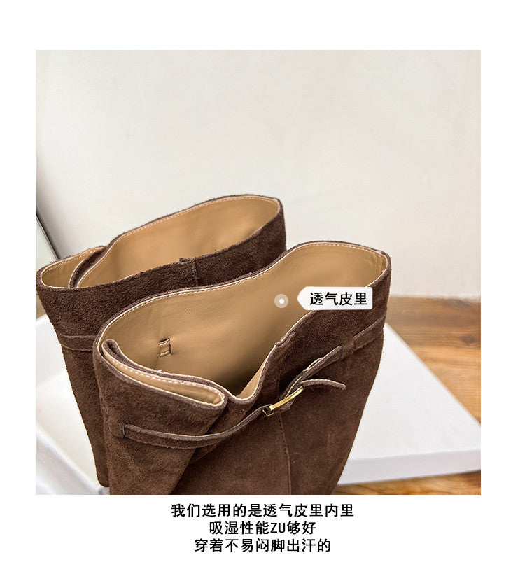 Karin Luna In Stock In Stock Mango Head Large Tube Belt Buckle Chunky Heel Long Boots