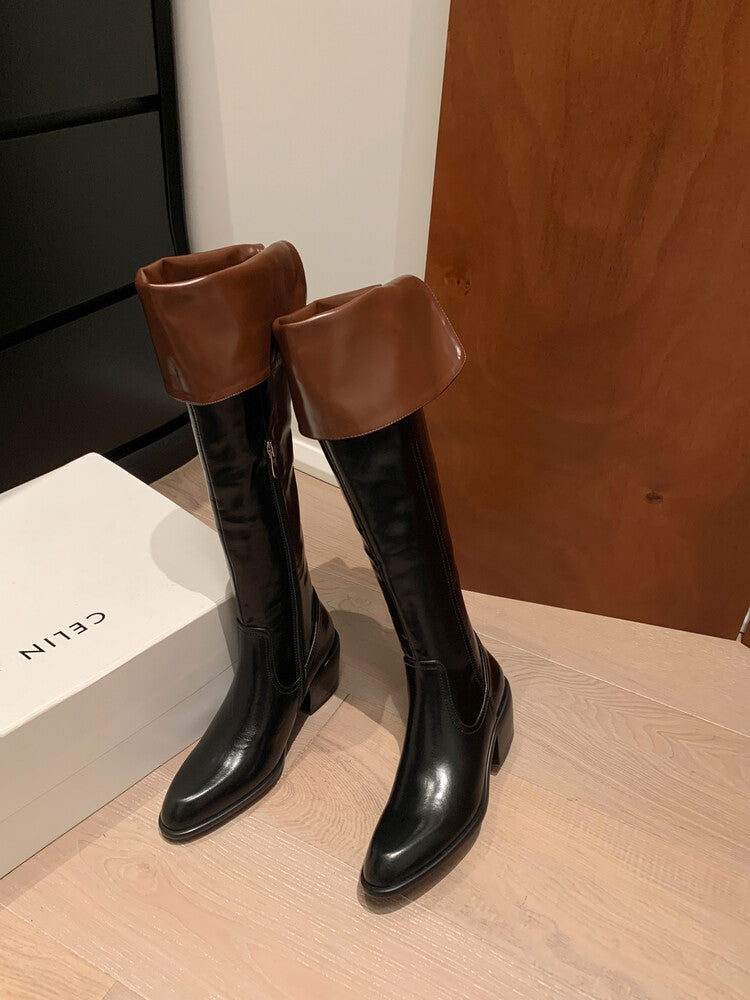 Karin Luna exploded  Three versions exploded Single Fleece Lining Fur Collar Version  Thick Fur Collar Foldable Hot-Selling Full Cowhide Pointed Toe Chunky Heel Classic Style