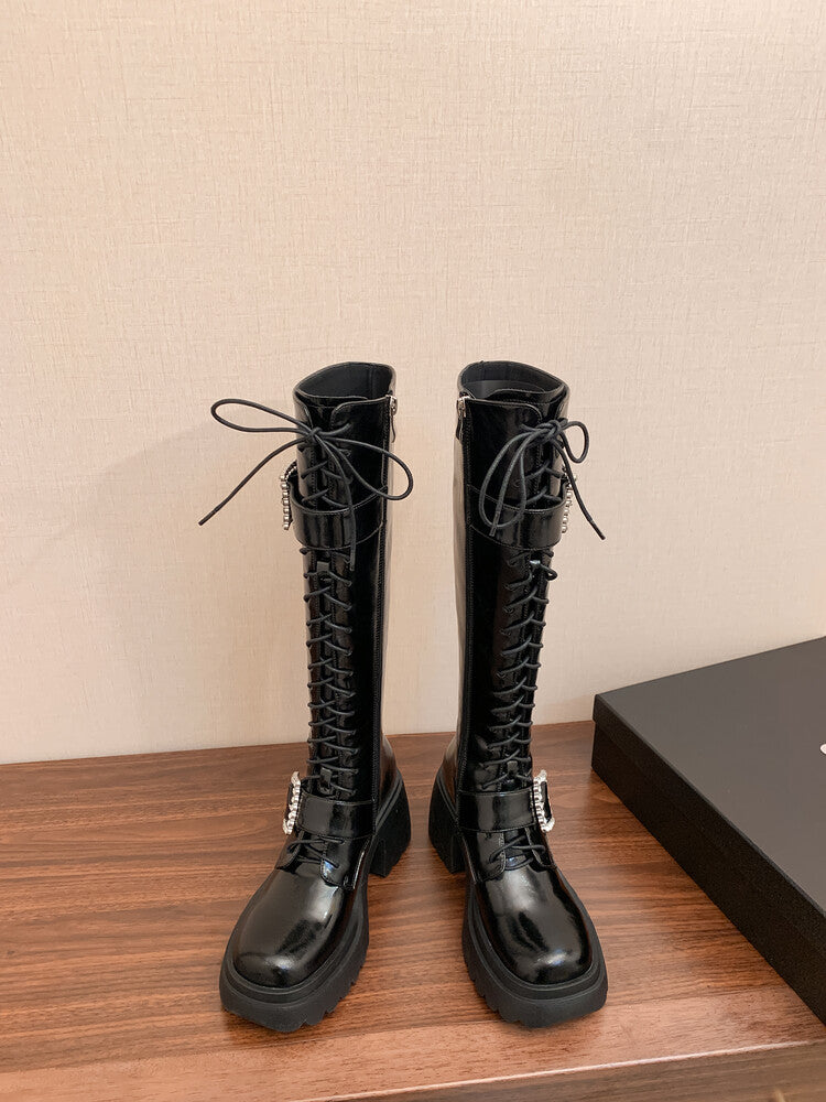 Karin Luna In Stock Spot Goods Bestselling Extended Version Rhinestone Square Buckle Thick Sole Lace-up Thick Sole Full Cowhide Knight Boots