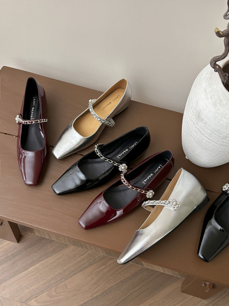 Karin Luna In Stock In Stock ~Metal One-Strap Pearl Small Square Toe Height-Increasing Flats
