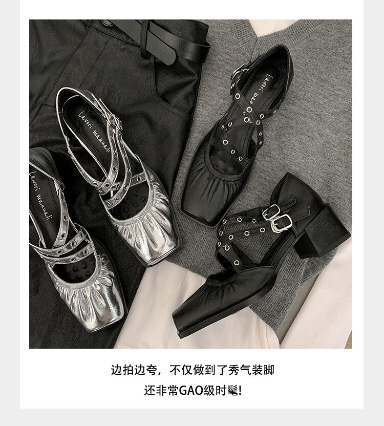 Karin Luna In Stock Spot Goods First Layer Sheepskin Cross Strap Rivet Square Toe Mary Jane Sandals