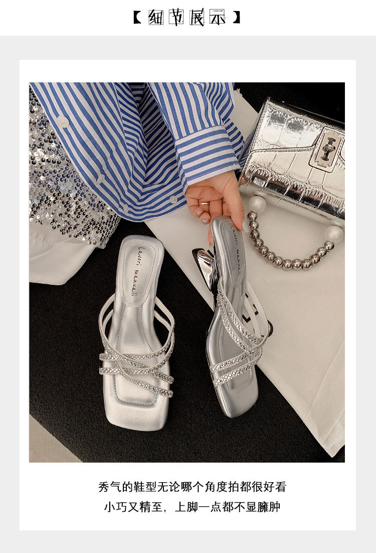 Karin Luna In Stock Spot Goods  Rhinestone Cross Strap Square Toe High Heel Slippers