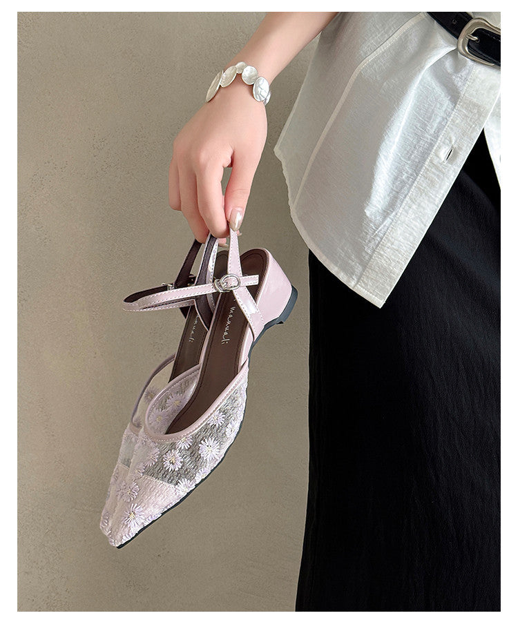 Karin Luna In Stock Spot Goods Embroidered Daisy Sheepskin Mesh Elegant Closed-Toe Slippers