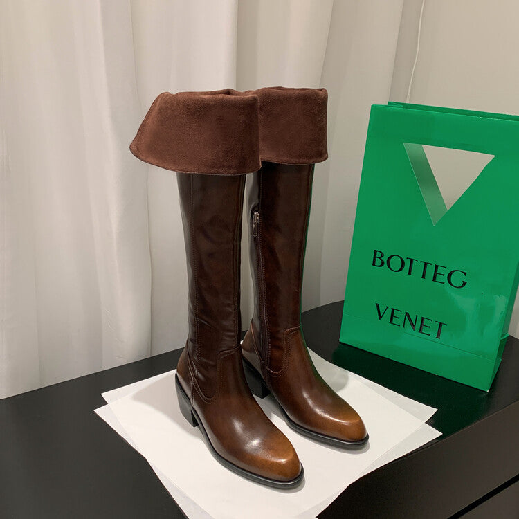 Karin Luna exploded  Three versions exploded Single Fleece Lining Fur Collar Version  Thick Fur Collar Foldable Hot-Selling Full Cowhide Pointed Toe Chunky Heel Classic Style