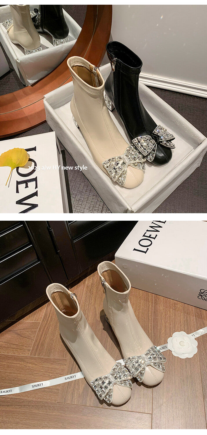 Karin Luna In Stock   Rhinestone Bow Thick Heel Slim Boots