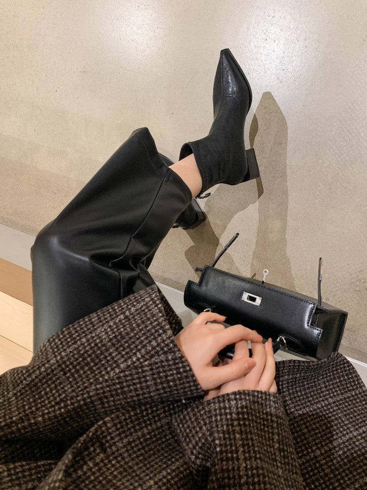 Karin Luna Elegant Style Pointed Toe Chunky Heel Short Boots