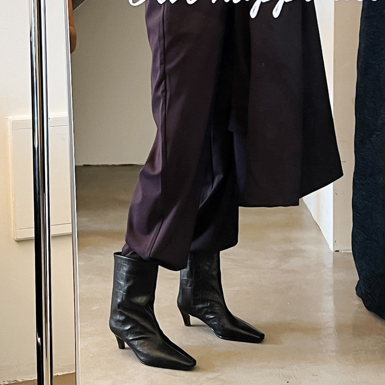 Karin Luna In Stock Spot Goods Top Layer Stone Pattern Cowhide Textured Small Square Toe Straight Short Boots